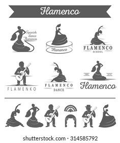 Set of vector logos, badges and silhouettes Flamenco. Collection emblems of traditional Spanish dance, signs school, clubs, shops and studios flamenco isolated on a white background