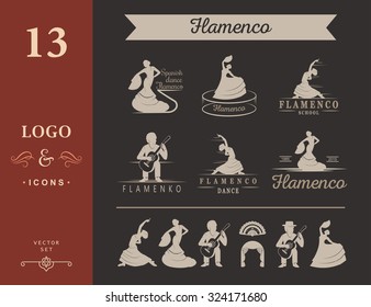 Set of vector logos, badges and silhouettes Flamenco. Collection emblems of traditional Spanish dance, signs school, clubs, shops and studios flamenco