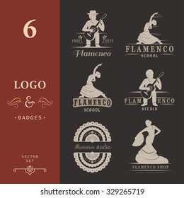 Set of vector logos, badges and silhouettes Flamenco. Collection emblems of traditional Spanish dance, signs school, clubs, shops and studios flamenco isolated on a white background