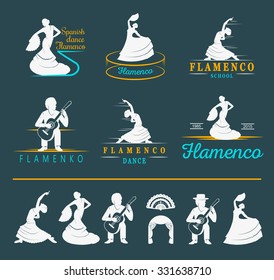 Set of vector logos, badges and silhouettes Flamenco. Collection emblems of traditional Spanish dance, signs school, clubs, shops and studios flamenco isolated on a white background