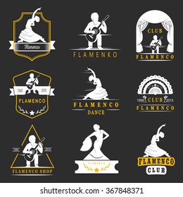 Set of vector logos, badges and silhouettes Flamenco. Collection emblems of traditional Spanish dance, signs school, clubs, shops and studios flamenco.