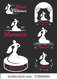 Set of vector logos, badges and silhouettes Flamenco. Collection emblems of traditional Spanish dance, signs school, clubs, shops and studios flamenco.