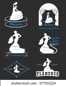 Set of vector logos, badges and silhouettes Flamenco. Collection emblems of traditional Spanish dance, signs school, clubs, shops and studios flamenco