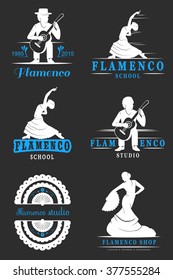 Set of vector logos, badges and silhouettes Flamenco. Collection emblems of traditional Spanish dance, signs school, clubs, shops and studios flamenco