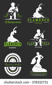 Set of vector logos, badges and silhouettes Flamenco. Collection emblems of traditional Spanish dance, signs school, clubs, shops and studios flamenco