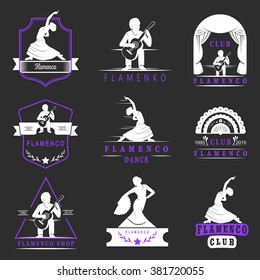 Set of vector logos, badges and silhouettes Flamenco. Collection emblems of traditional Spanish dance, signs school, clubs, shops and studios flamenco.