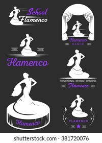 Set of vector logos, badges and silhouettes Flamenco. Collection emblems of traditional Spanish dance, signs school, clubs, shops and studios flamenco.