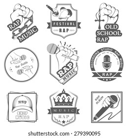 Set of vector logos, badges and stickers Hip Hop and Rap music. Collection of emblems battle, club and festival.
