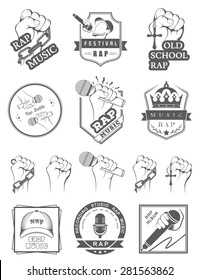 Set of vector logos, badges and stickers Hip Hop and Rap music. Collection of emblems battle, club and festival.