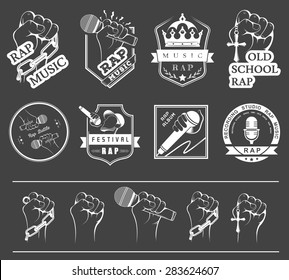 Set of vector logos, badges and stickers Hip Hop and Rap music. Collection of emblems battle, club and festival.