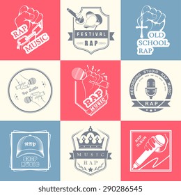 Set of vector logos, badges and stickers Hip Hop and Rap music. Collection of emblems battle, club and festival.