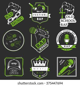 Set of vector logos, badges and stickers Hip Hop and Rap music. Collection of emblems battle, club and festival.