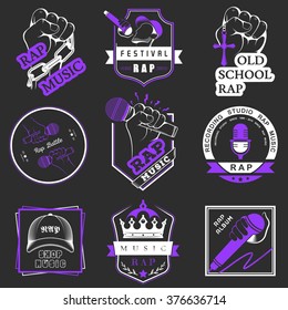 Set of vector logos, badges and stickers Hip Hop and Rap music. Collection of emblems battle, club and festival.