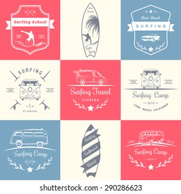 Set of vector logos and badges surfing, camping, hiking and outdoor activities. The collection of symbols and emblems surf clubs, surf schools, rental, camping and beaches