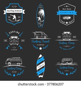 Set of vector logos and badges surfing, camping, hiking and outdoor activities. The collection of symbols and emblems surf clubs, surf schools, rental, camping and beaches