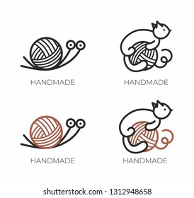 Set of vector logos with balls of yarn. Knitting logos. Emblem with cat and yarn. Snail yarn logo. Handmade logos. Cat and snail.