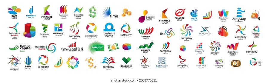 A set of vector logos of banks and finance on a white background