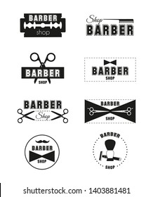 Set of vector logos for barber shop. Black illustrations on white background. Barber shop logo, labels, badges vintage.