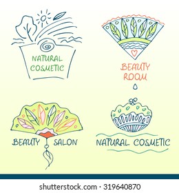 Set vector logos for beauty salon. Hand drawn design elements and logos for beauty shops and cosmetic industry 