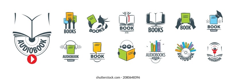 A set of vector logos of books and audiobooks on a white background