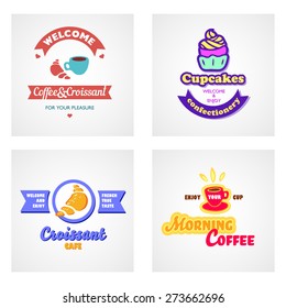 Set of vector logos. Cafe and bakery emblems. Coffee, tea, croissant, cupcake for your design. Banners and ribbons.