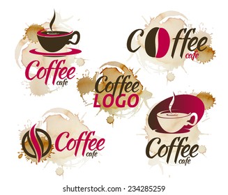 set of vector logos for coffee cafe, with spots of spilled coffee