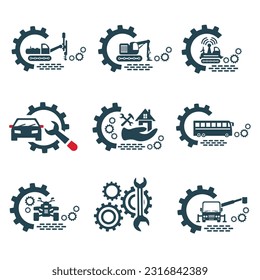 A set of vector logos of construction equipment and tools.