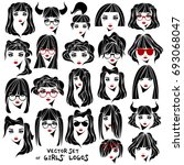 Set of vector logos with faces of girls and hairstyles. Faces of young beautiful girls with glasses, with birthmarks, with painted lips. A collection of hairstyles for long and short hair.