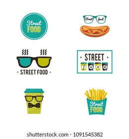 Set of vector logos. Fast food and street food. Images of hot dog, French fries, coffee. Can be used for design corporate identity, web site, labelling, packaging, banners and signage.