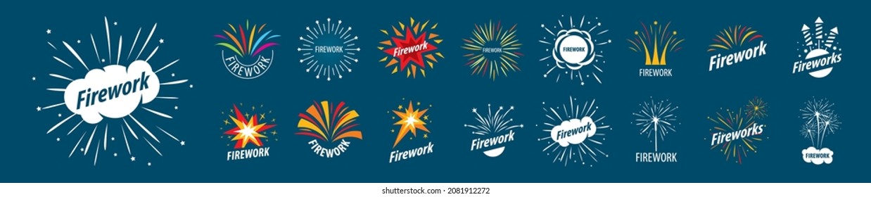 Un conjunto de logotipos vectores Fuegos artificiales en un fondo oscuro