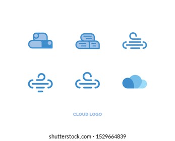 set of vector logos in the form of clouds. Contour blue flat icons in the form of documents, geometric shapes, air flows in different color shades