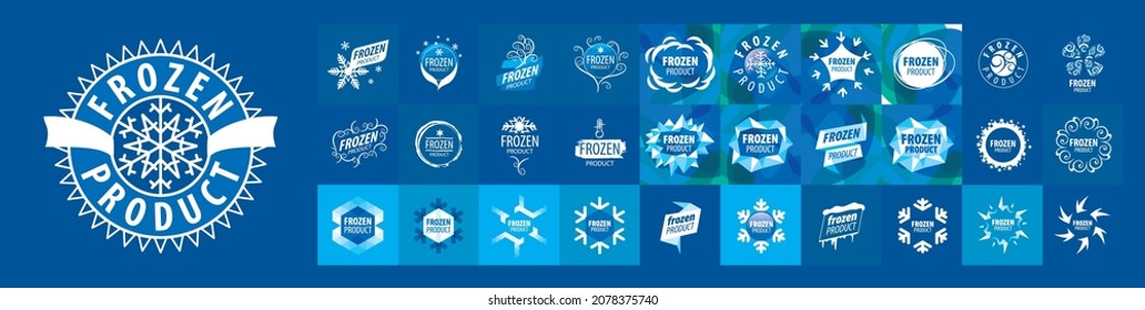 Un conjunto de logotipos vectoriales del producto Congelado sobre un fondo azul