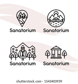 Set of vector logos for a holiday home, sanatorium, hotels. Holidays in the mountains. Vector illustration. Design elements for leisure, travel, travel, hotels, resorts.