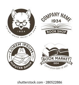 Set of vector logos and labels: book shop, hipster shop. Symbols with books and animals.