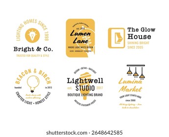Um conjunto de logotipos vetoriais para lojas de lâmpadas que destacam a personalidade da marca, artesanato e design. Cada logotipo reflete a essência e criatividade da indústria de iluminação.