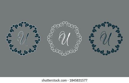 Set of vector logos with letter U. Business sign, identity, label, restaurant sign. Monogram design elements, graceful template on gray background.