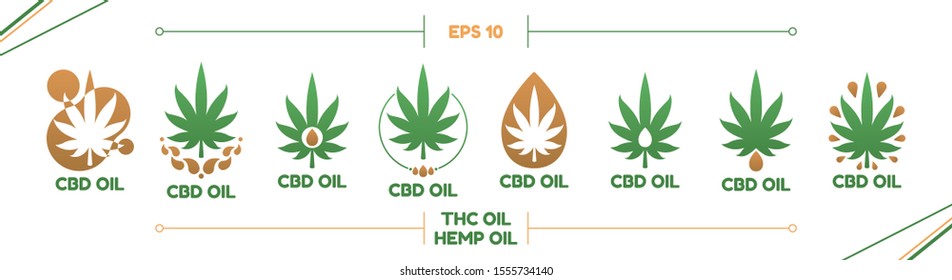 A set of vector logos of the medical CBD THC oil. Isolated two-tone icons on a white background.