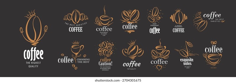 A set of vector logos of natural coffee beans, hand-drawn