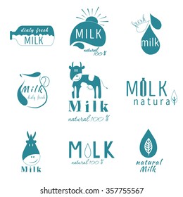 set of vector logos for natural dairy products. Labels, badges and design elements. Illustration natural milk