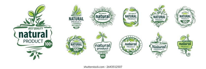 A set of vector logos of a natural product, hand-drawn in an artistic style
