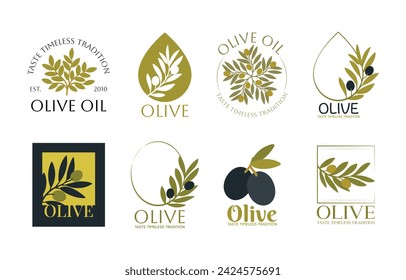 Set of vector logos of olive branch, tree, leaves and drops. Modern hand drawn vector olive oil icons. Branding concept for olive oil company, organic, eco-friendly oil products, culinary services 