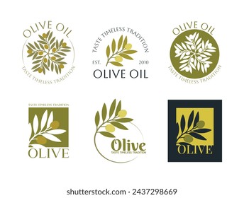 Set of vector logos of olive branch with leaves. Modern hand drawn vector olive oil icons. Branding concept for olive oil company, organic, eco-friendly oil products, wellness, culinary services