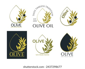 Set of vector logos of olive branch with leaves and drops. Modern hand drawn vector olive oil icons. Branding concept for olive oil company, organic, eco-friendly oil products, culinary services 