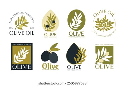 Set of vector logos of olive branch, tree, leaves and drops. Modern hand drawn vector olive oil icons. Branding concept for olive oil company, organic, eco-friendly oil products, culinary services 