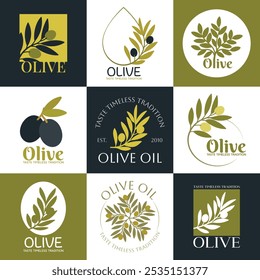 Set of vector logos of olive branch, tree, leaves and drops. Modern hand drawn vector olive oil icons. Branding concept for olive oil company, organic, eco-friendly oil products, culinary services 