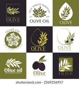 Set of vector logos of olive branch, tree, leaves and drops. Modern hand drawn vector olive oil icons. Branding concept for olive oil company, organic, eco-friendly oil products, culinary services 