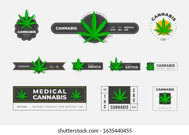 Set of vector logos of organic hemp sbd and thc on a white background. Graphic label template with green leaf of marijuana. Design of badges and emblems of medical indica and sativa