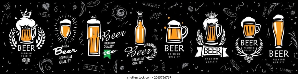 Un conjunto de logos vectoriales con tazas de cerveza pintadas sobre un fondo negro