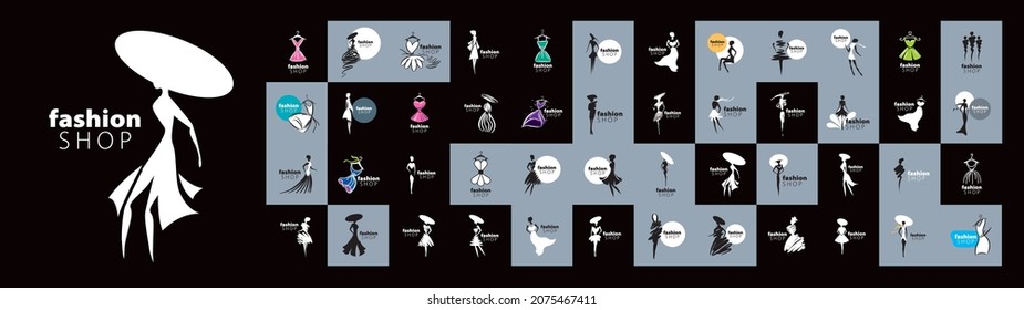 A set of vector logos with painted female figures in fashionable dresses