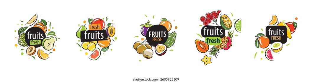 A set of vector logos with painted fresh fruits